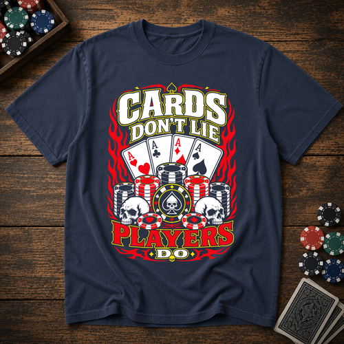 Navy blue t-shirt with poker-themed graphic on a wooden surface with poker chips and cards.