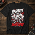 Black t-shirt with poker-themed graphic and text on a wooden surface with poker chips.