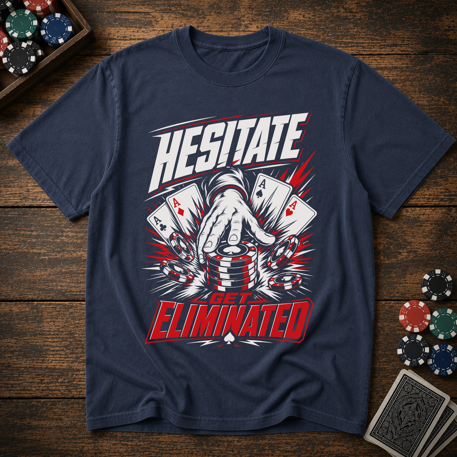 Navy blue t-shirt with poker-themed graphic and text on a wooden surface with poker chips and cards.
