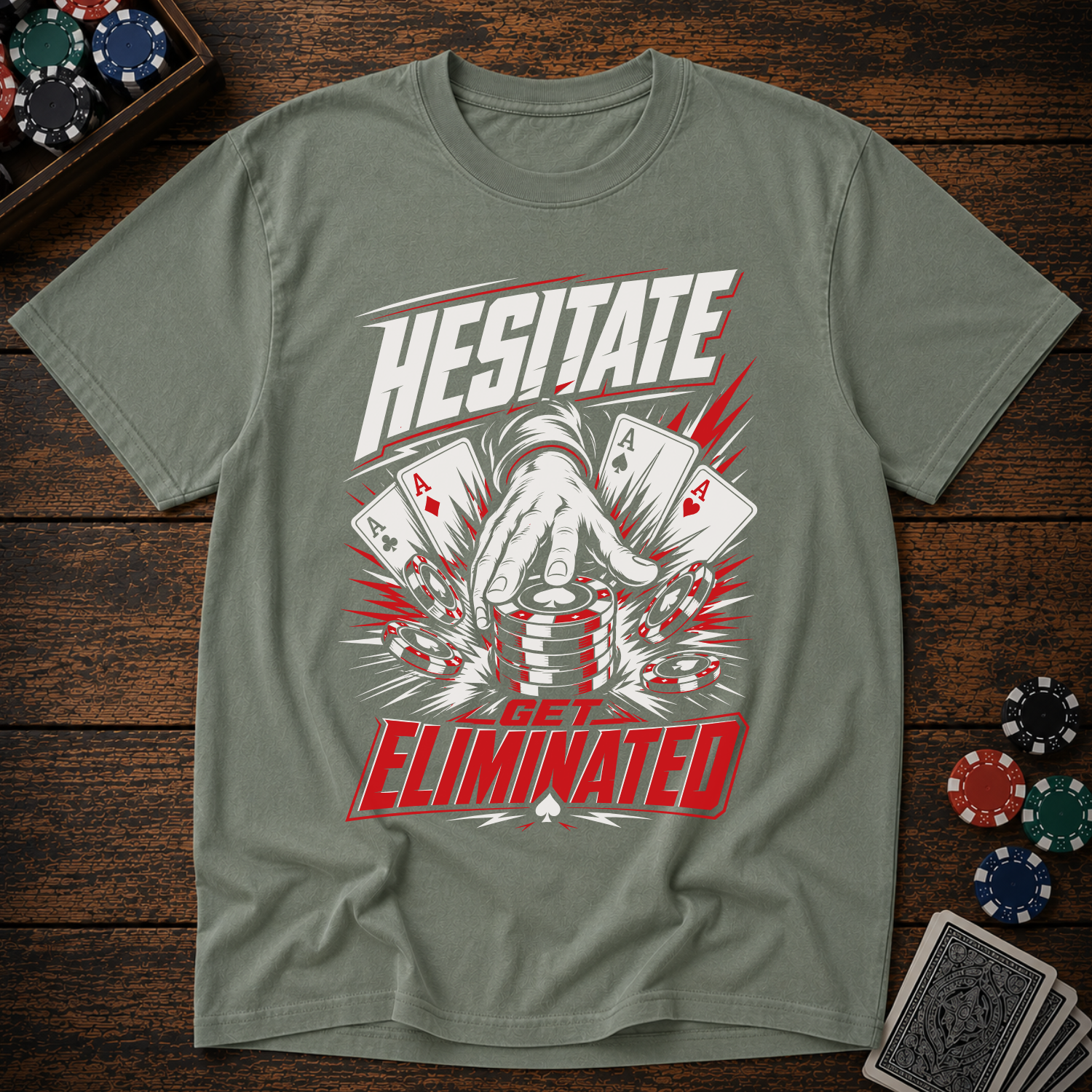 Green t-shirt with poker-themed graphic and text on a wooden surface with poker chips and cards.