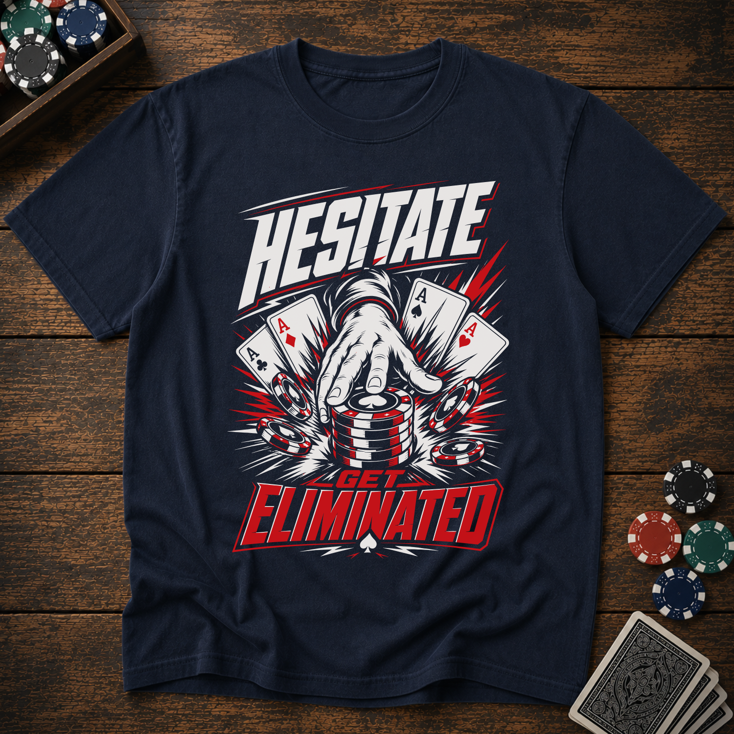 Navy blue t-shirt with poker-themed graphic and text on a wooden surface with poker chips and cards.